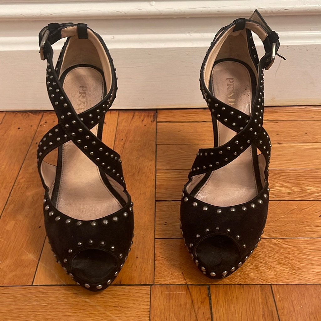 Prada Studded Peep Toe Studded Sandal Heel